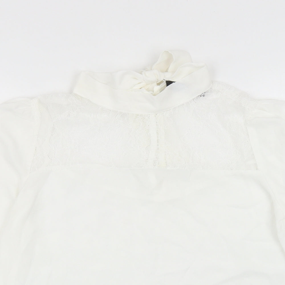 Fashion Union Womens White Polyester Basic Blouse Size 10 Mock Neck - Lace Detail, Tie
