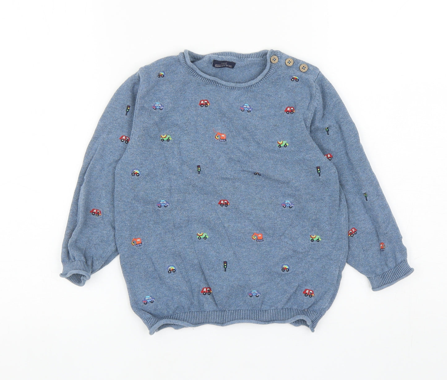 NEXT Boys Blue Round Neck Geometric Cotton Pullover Jumper Size 3-4 Years Button - Cars