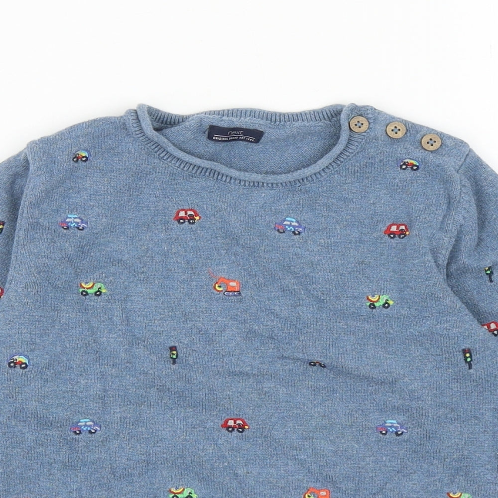 NEXT Boys Blue Round Neck Geometric Cotton Pullover Jumper Size 3-4 Years Button - Cars
