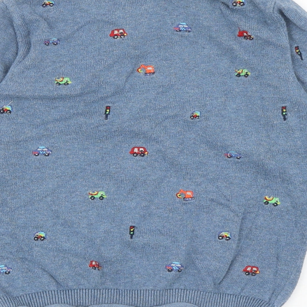NEXT Boys Blue Round Neck Geometric Cotton Pullover Jumper Size 3-4 Years Button - Cars
