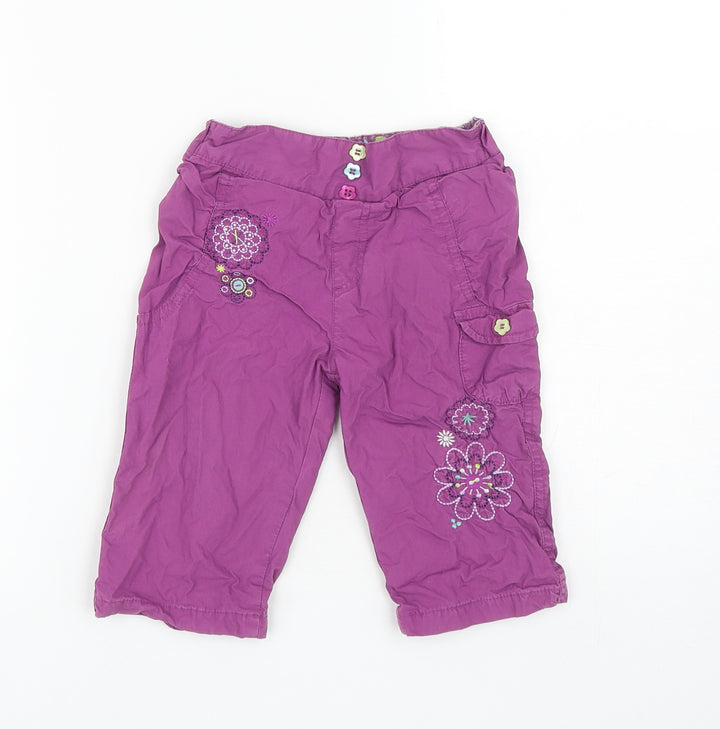 TU Girls Purple Cotton Cargo Trousers Size 9-12 Months Pullover - Flowers