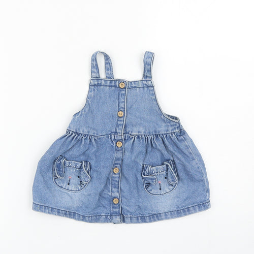 F&F Girls Blue Cotton Pinafore/Dungaree Dress Size 3-6 Months Square Neck Button - Rabbits
