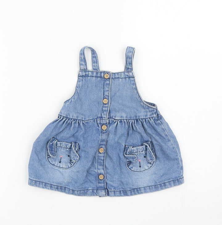 F&F Girls Blue Cotton Pinafore/Dungaree Dress Size 3-6 Months Square Neck Button - Rabbits
