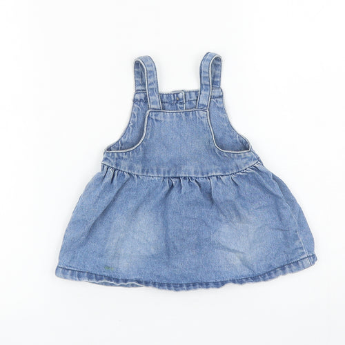 F&F Girls Blue Cotton Pinafore/Dungaree Dress Size 3-6 Months Square Neck Button - Rabbits