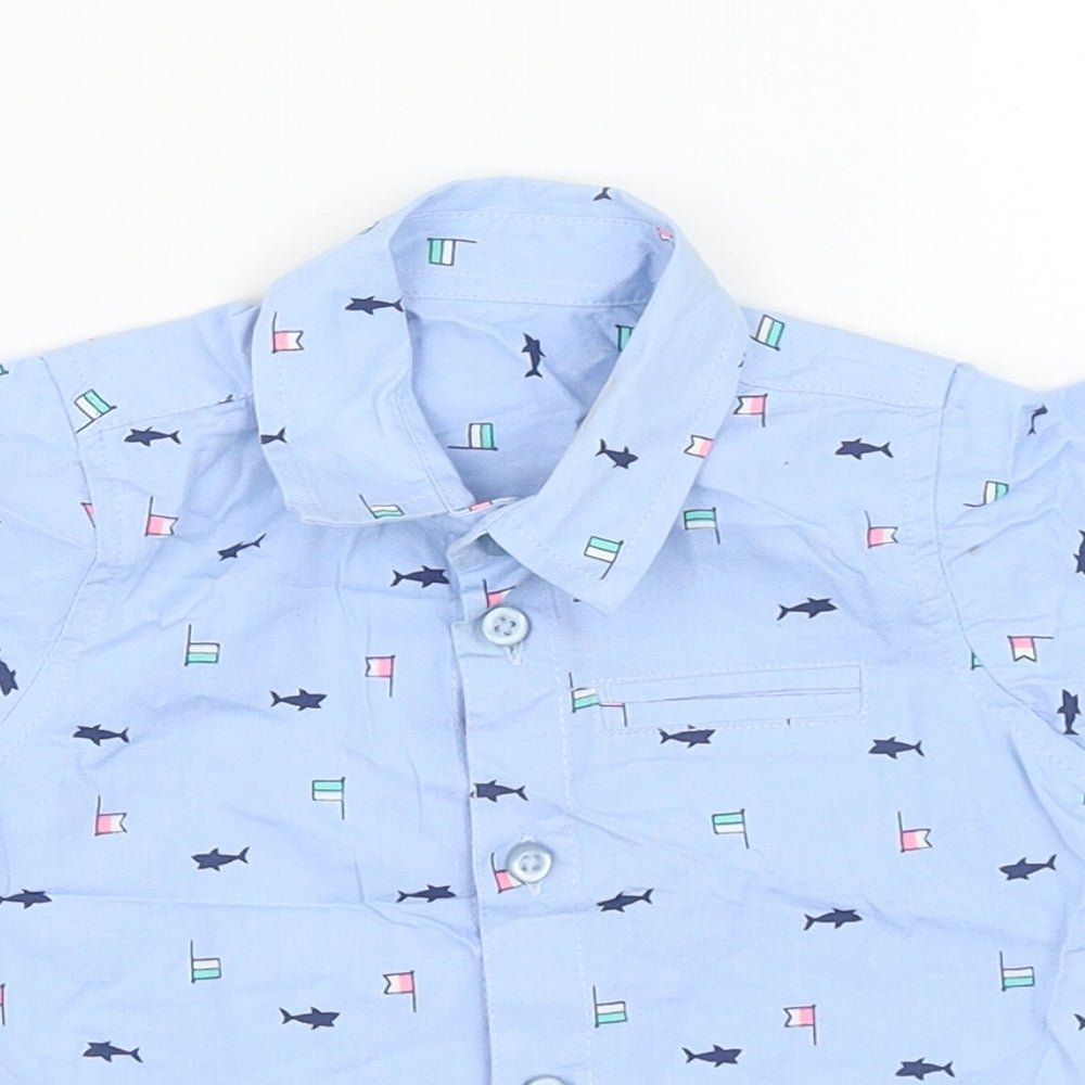Matalan Boys Blue Geometric Cotton Basic Button-Up Size 6-9 Months Collared Button - Sharks