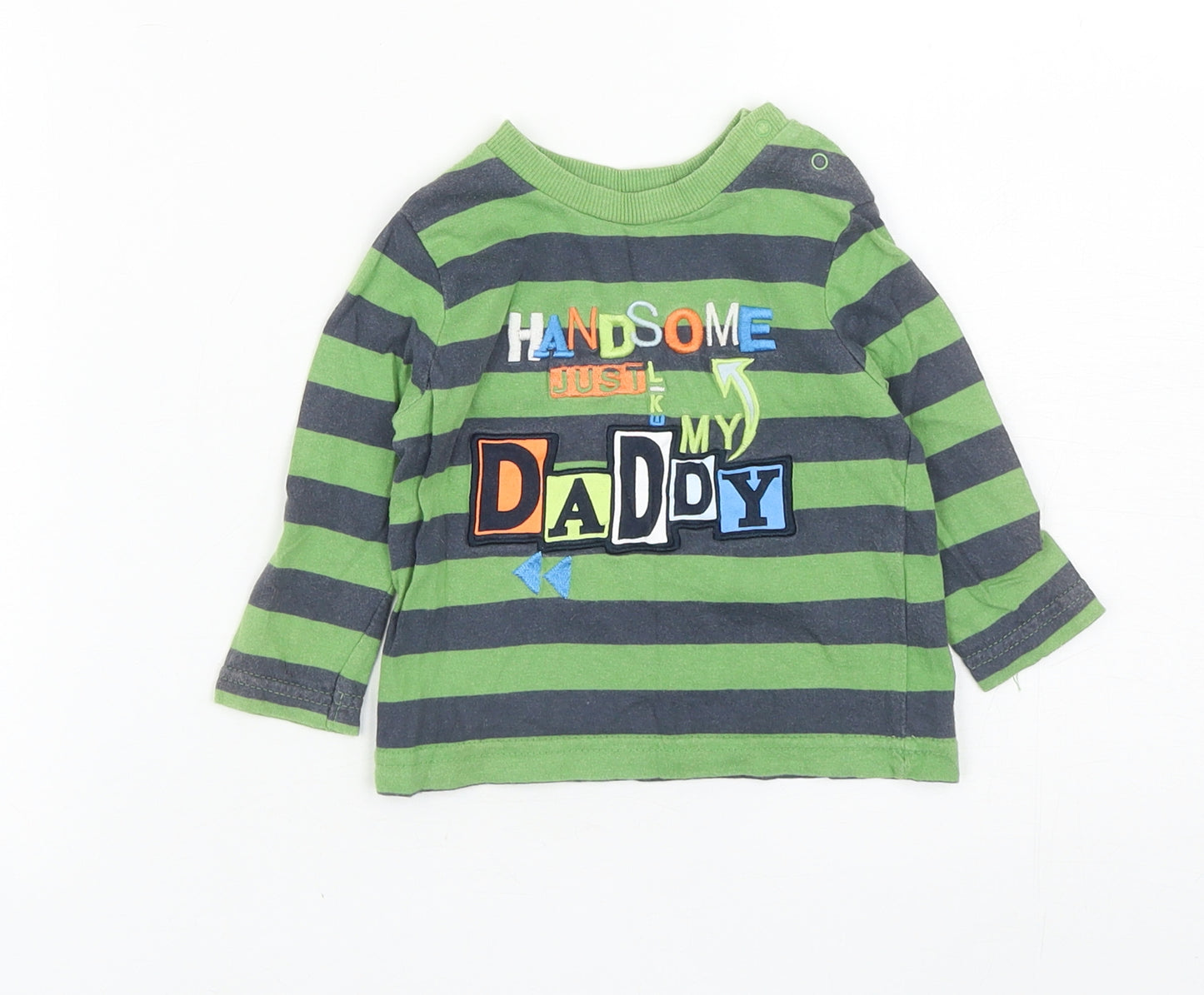 TU Boys Green Striped Cotton Basic Casual Size 6-9 Months Round Neck Snap - Handsome Just Like My Dad