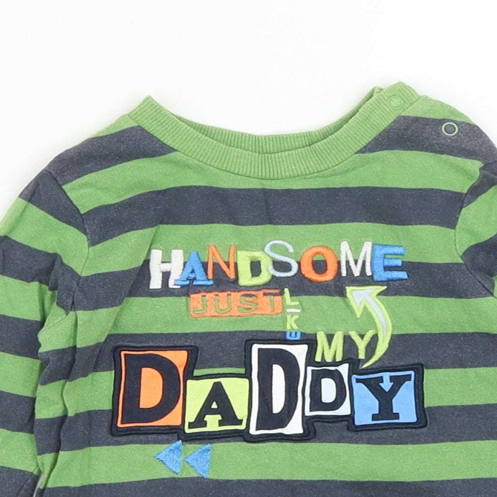 TU Boys Green Striped Cotton Basic Casual Size 6-9 Months Round Neck Snap - Handsome Just Like My Dad