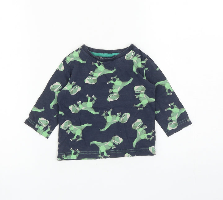 NEXT Boys Blue Geometric Cotton Basic T-Shirt Size 6-9 Months Round Neck Pullover - Dinosaurs