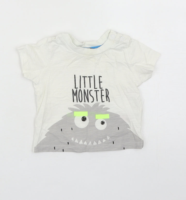 Primark Boys White Cotton Basic T-Shirt Size 6-9 Months Round Neck Snap - Little Monster