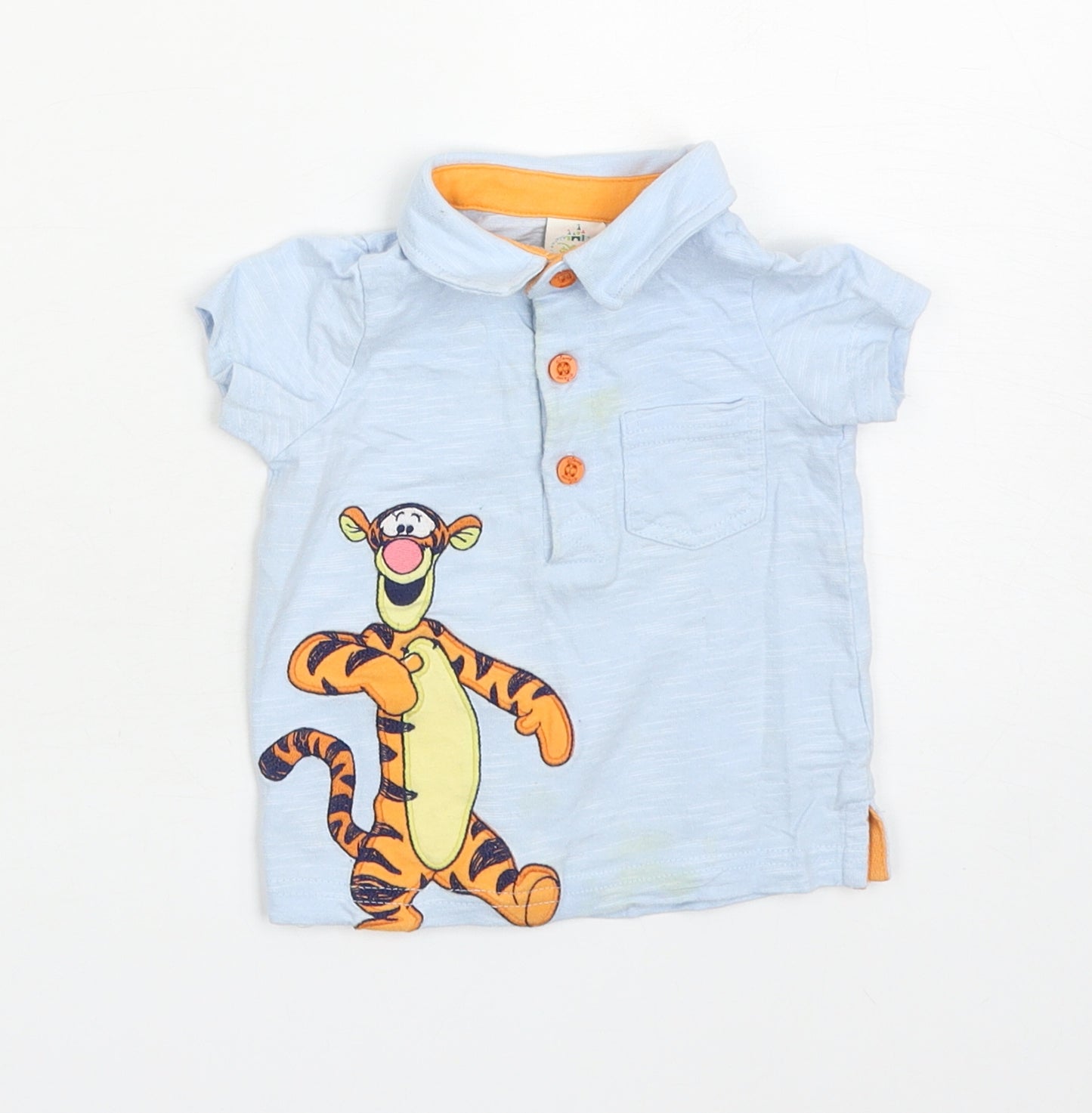 BHS Baby Blue Cotton Basic Polo Size 6-9 Months Collared Button - Tigger
