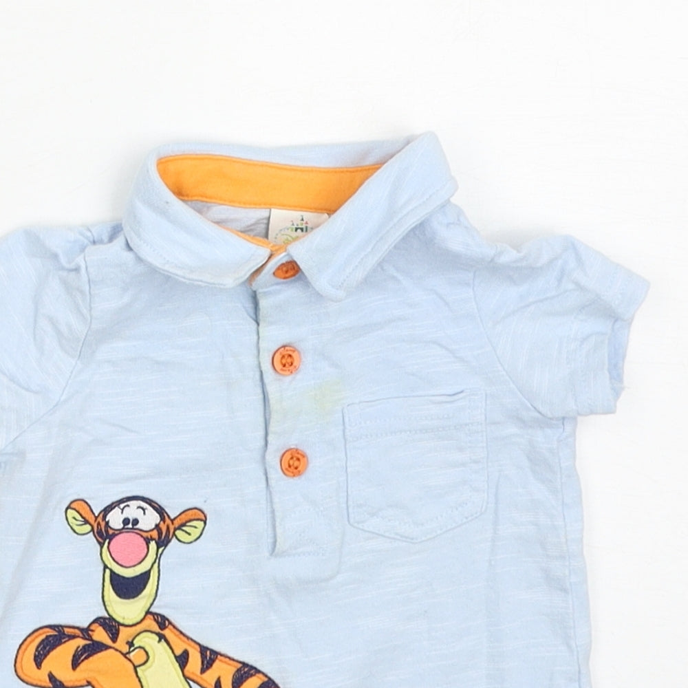 BHS Baby Blue Cotton Basic Polo Size 6-9 Months Collared Button - Tigger