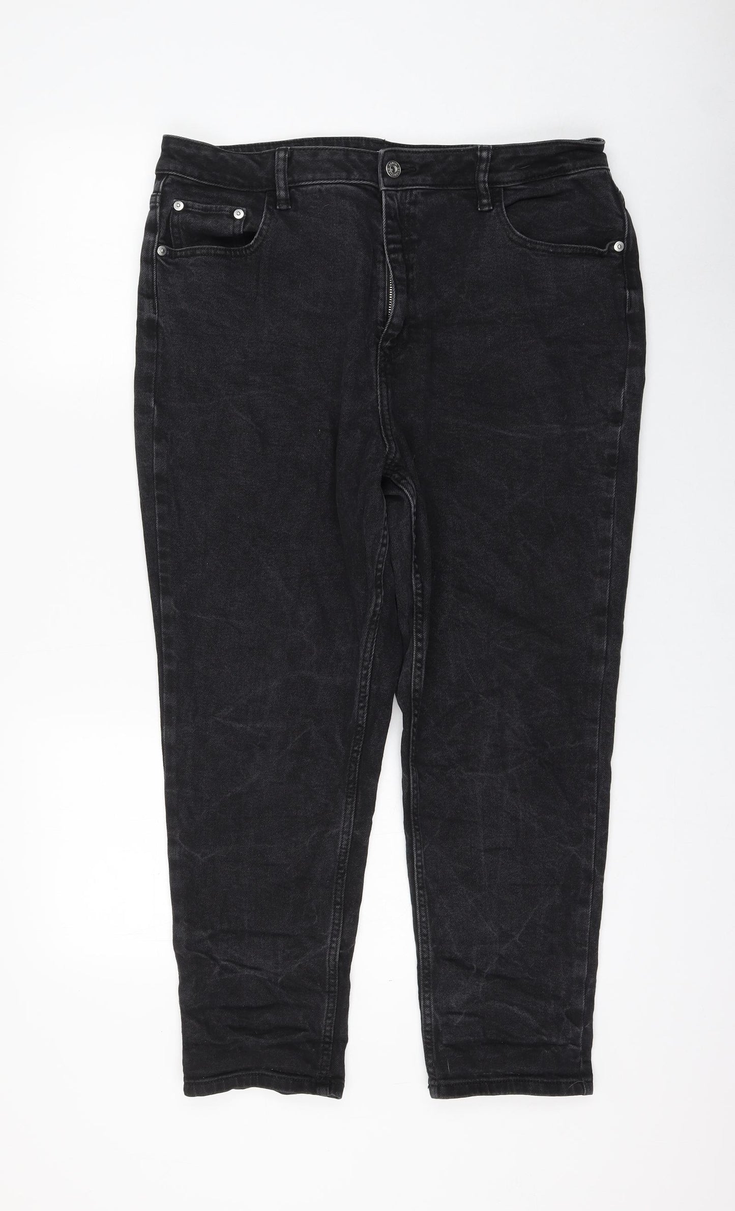 F&F Womens Black Cotton Mom Jeans Size 16 L25 in Regular Zip