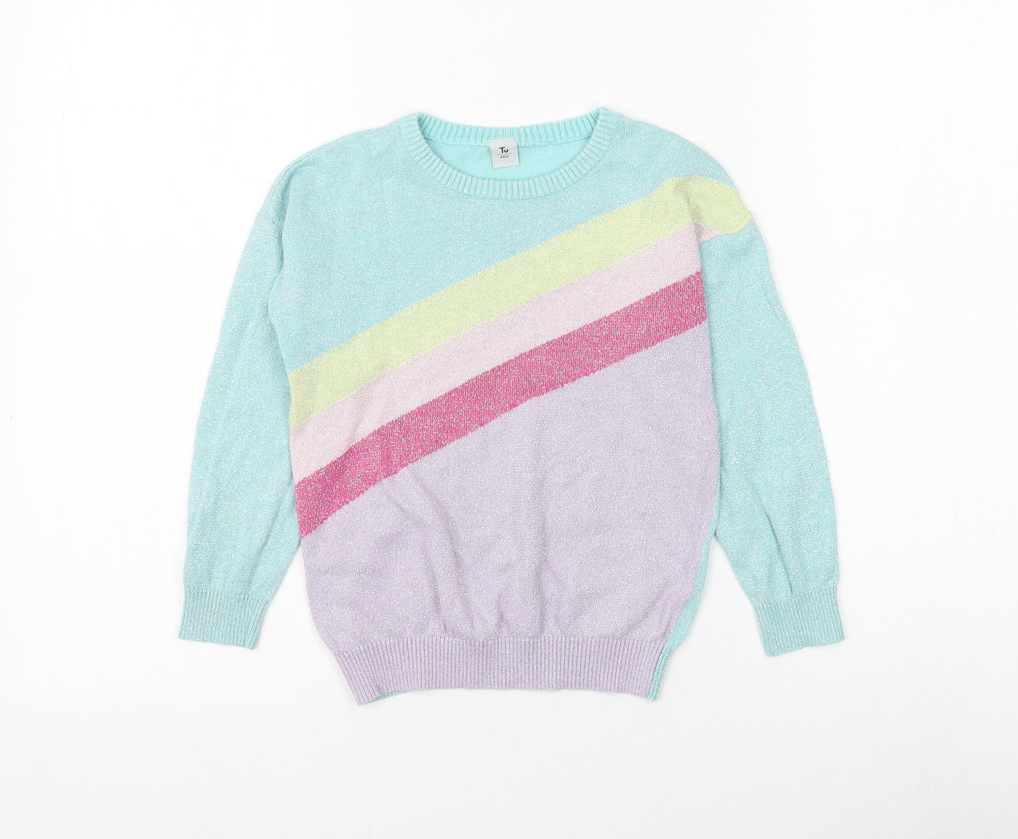 TU Girls Multicoloured Round Neck Colourblock Cotton Pullover Jumper Size 7 Years Pullover
