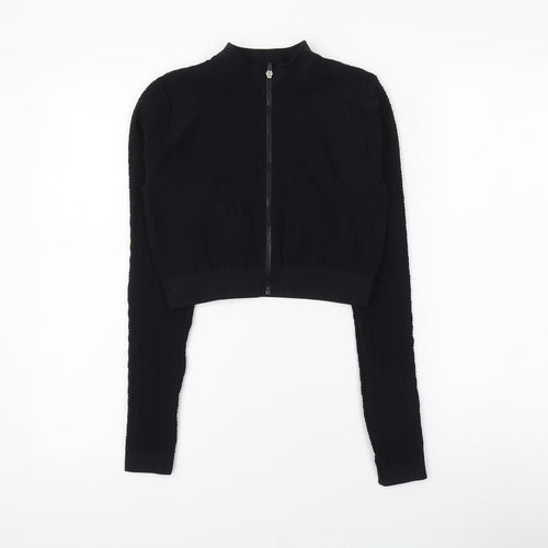 PRETTYLITTLETHING Womens Black Geometric Polyamide Full Zip Sweatshirt Size M Zip - Cropped