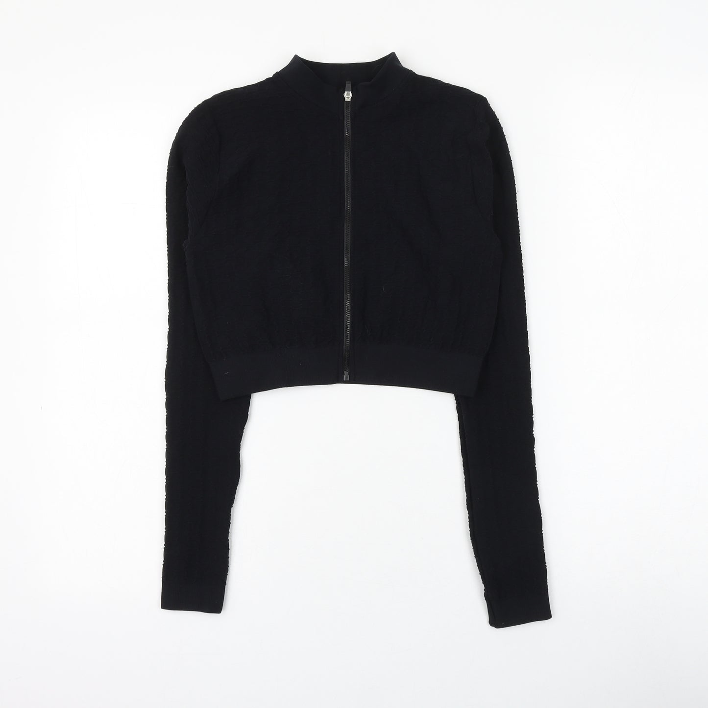 PRETTYLITTLETHING Womens Black Geometric Polyamide Full Zip Sweatshirt Size M Zip - Cropped