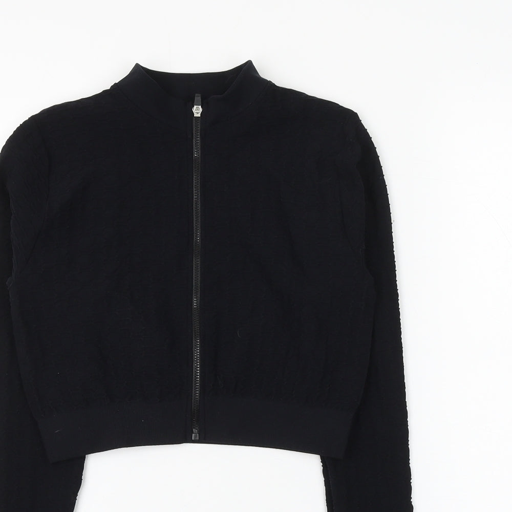 PRETTYLITTLETHING Womens Black Geometric Polyamide Full Zip Sweatshirt Size M Zip - Cropped