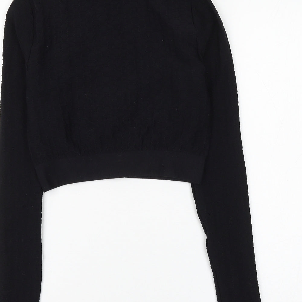 PRETTYLITTLETHING Womens Black Geometric Polyamide Full Zip Sweatshirt Size M Zip - Cropped