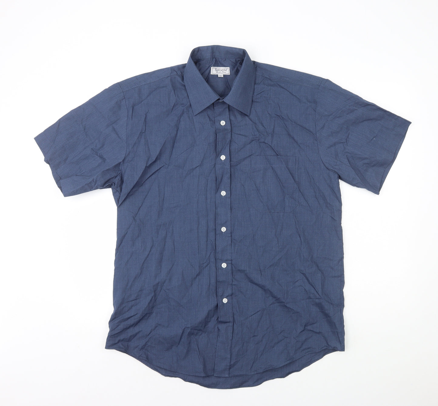 Savatini Mens Blue Polyester Dress Shirt Size XL Collared Button