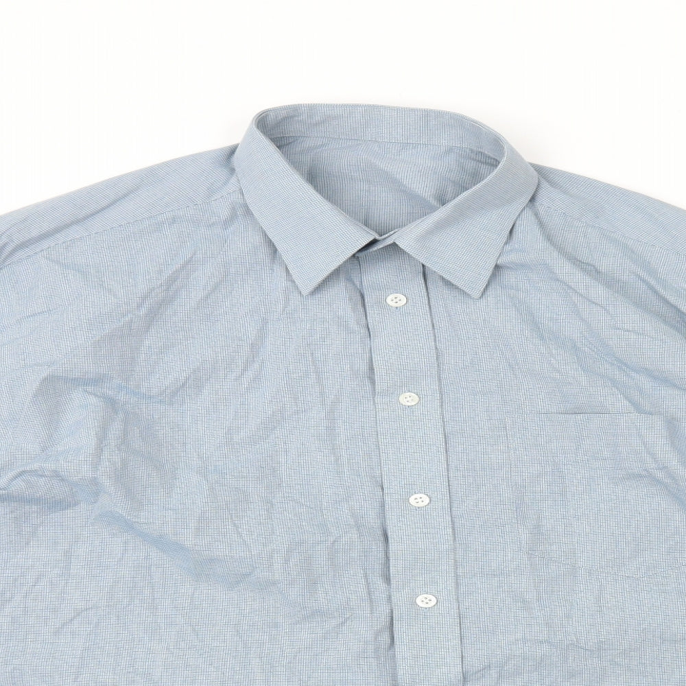 BHS Mens Blue Check Cotton Dress Shirt Size L Collared Button