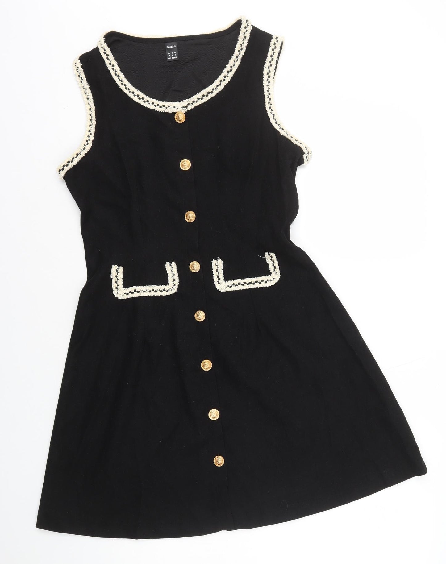 SheIn Womens Black Polyester A-Line Size M Scoop Neck Button - Tweed Detailss