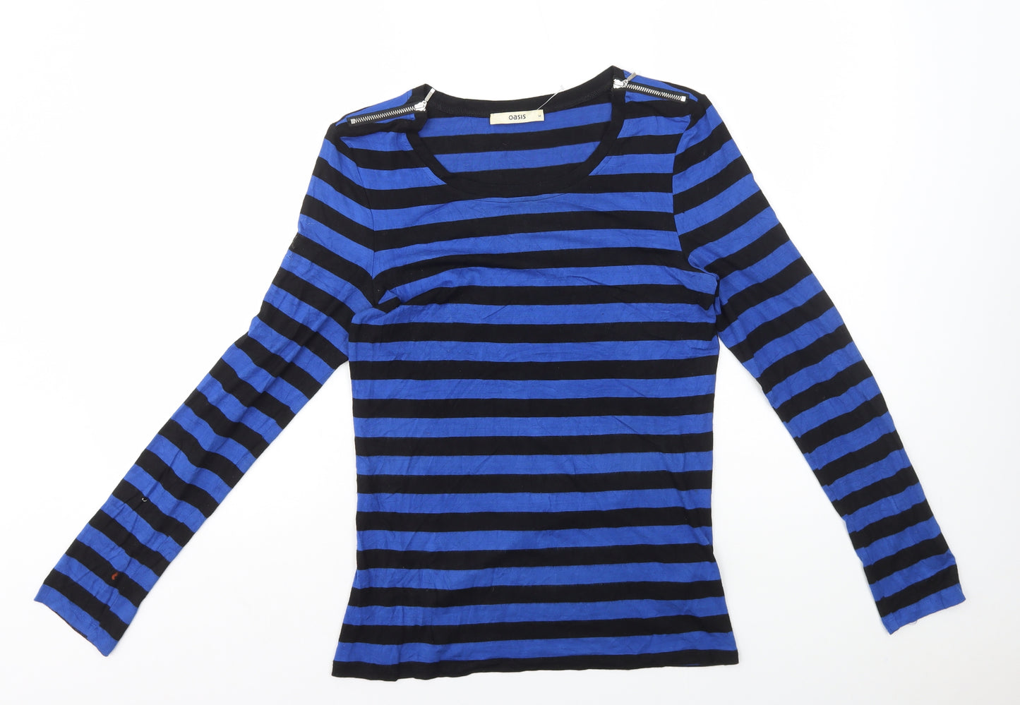 Oasis Womens Blue Striped Viscose Basic T-Shirt Size M Scoop Neck - Zip Detail on Shoulder