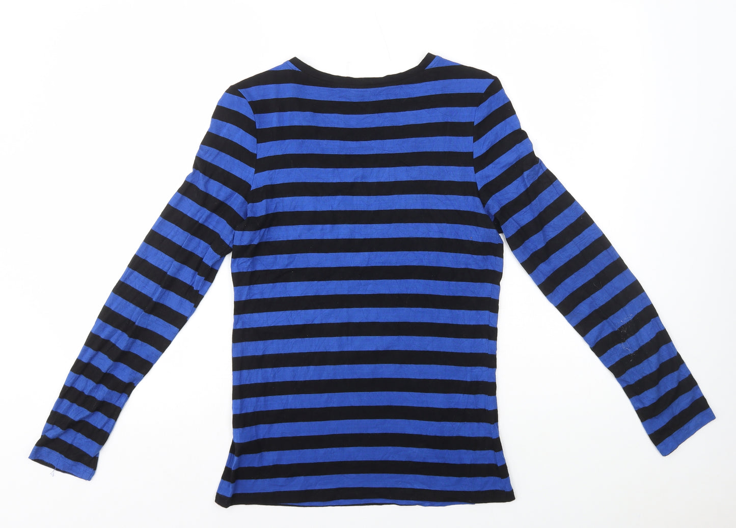 Oasis Womens Blue Striped Viscose Basic T-Shirt Size M Scoop Neck - Zip Detail on Shoulder