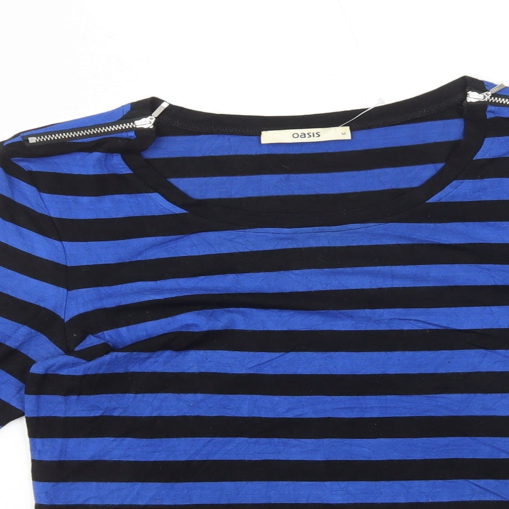 Oasis Womens Blue Striped Viscose Basic T-Shirt Size M Scoop Neck - Zip Detail on Shoulder