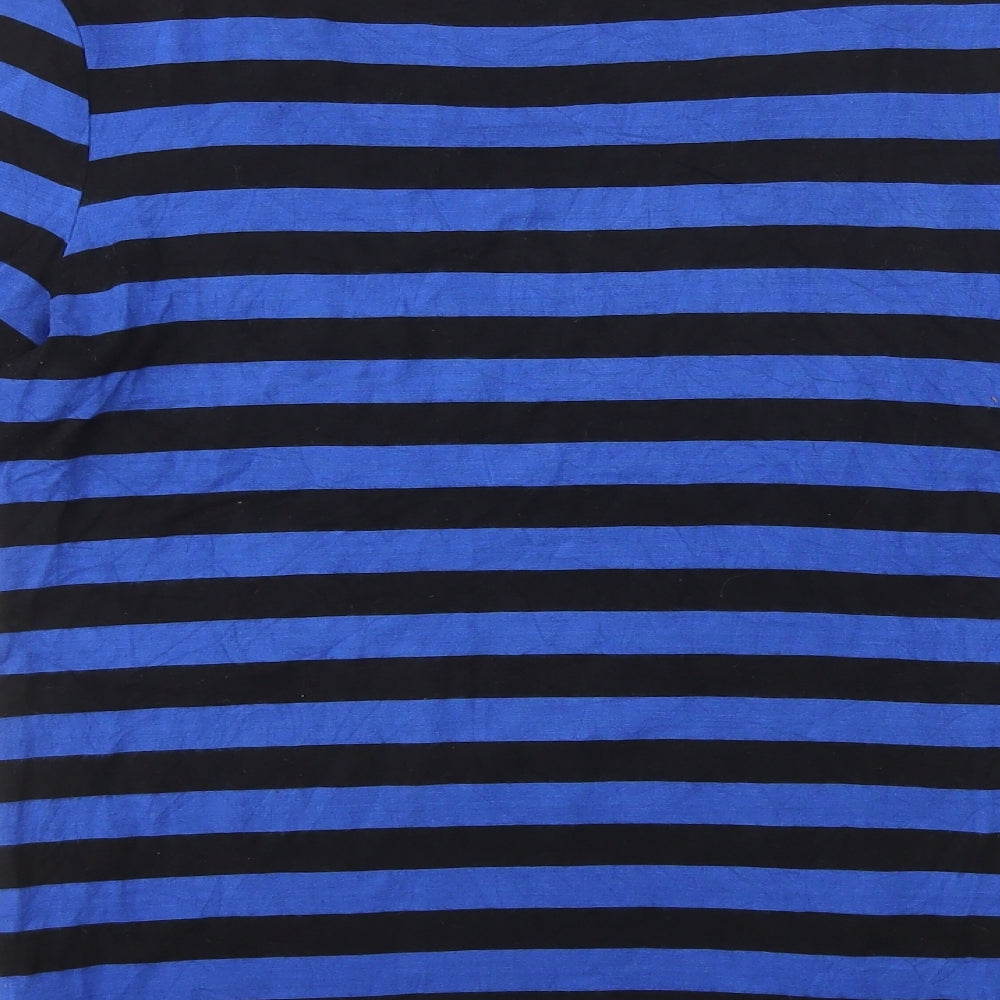 Oasis Womens Blue Striped Viscose Basic T-Shirt Size M Scoop Neck - Zip Detail on Shoulder