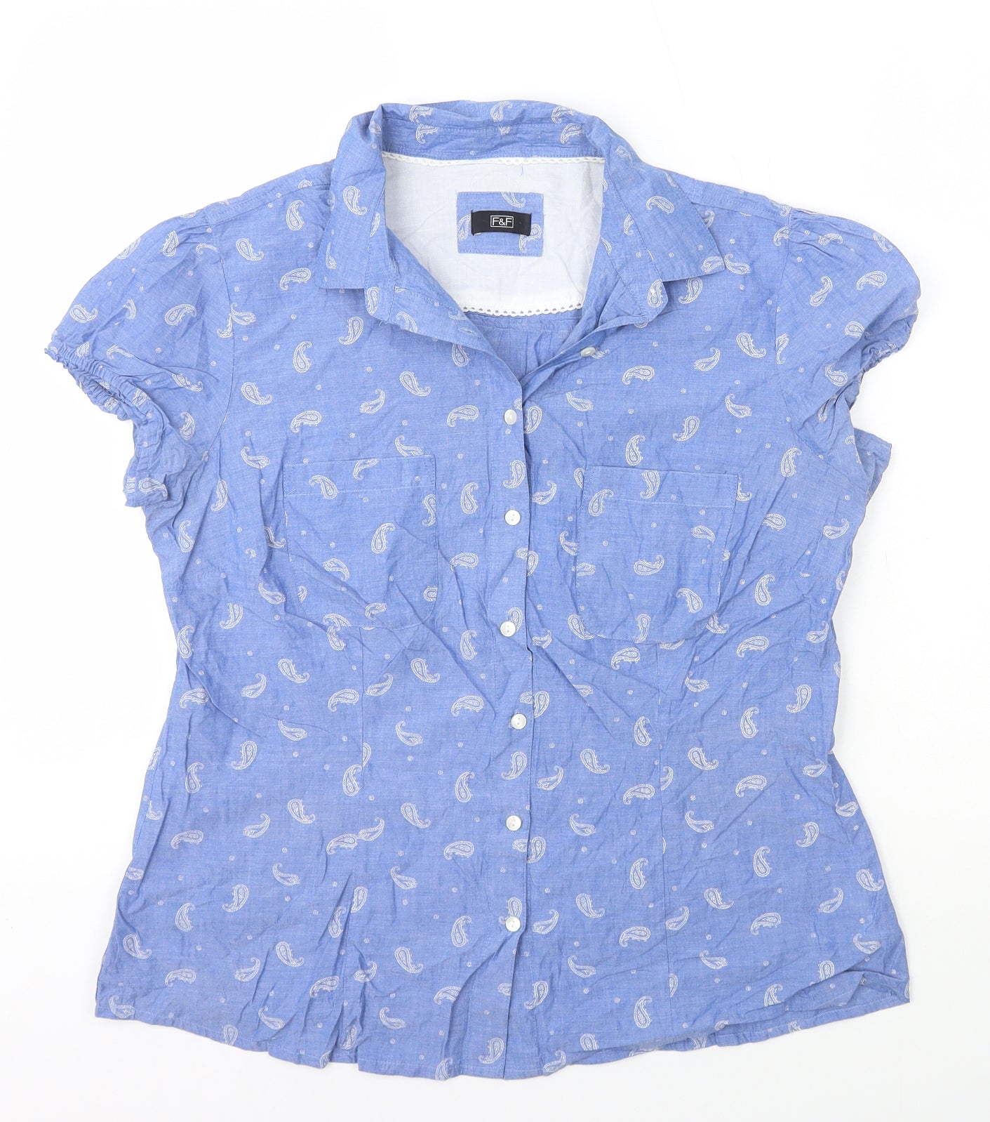 F&F Womens Blue Geometric 100% Cotton Basic Button-Up Size 14 Collared