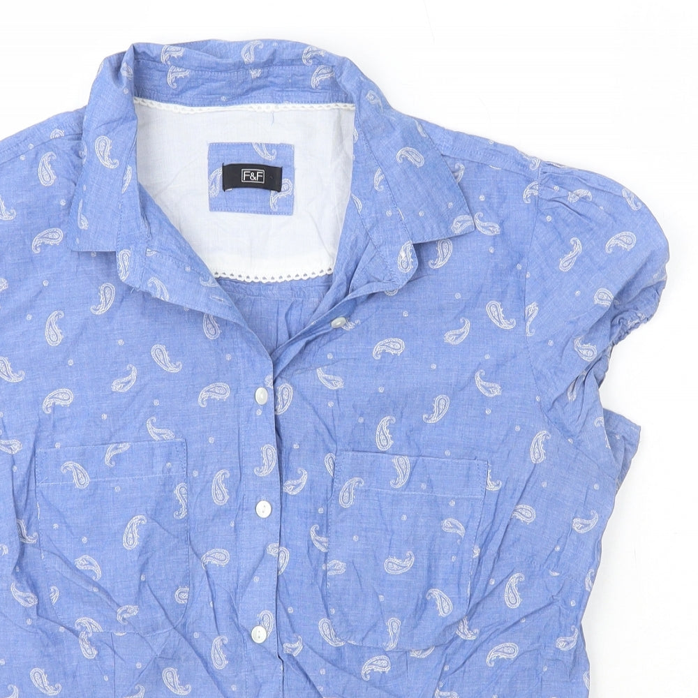 F&F Womens Blue Geometric 100% Cotton Basic Button-Up Size 14 Collared