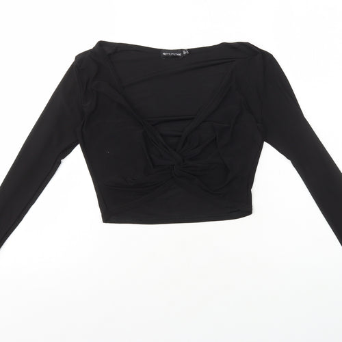 PRETTYLITTLETHING Womens Black Polyester Cropped T-Shirt Size 12 V-Neck - Twist Front