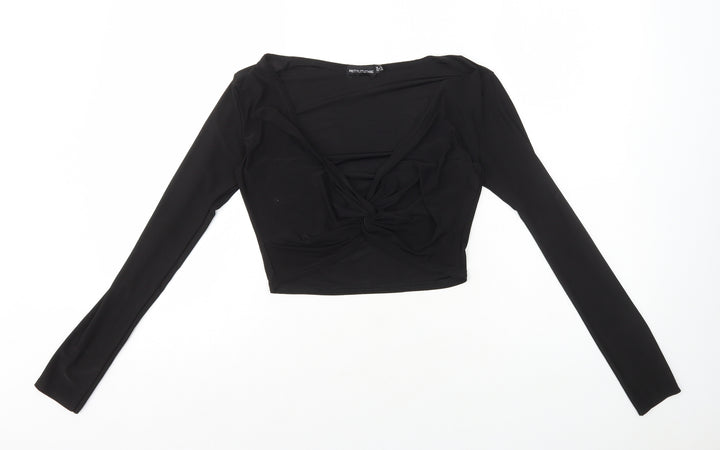 PRETTYLITTLETHING Womens Black Polyester Cropped T-Shirt Size 12 V-Neck - Twist Front