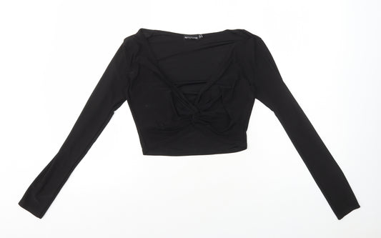 Front view of PRETTYLITTLETHING women’s black polyester cropped t-shirt, size UK 12, v-neck - twist front