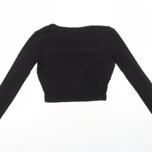 PRETTYLITTLETHING Womens Black Polyester Cropped T-Shirt Size 12 V-Neck - Twist Front