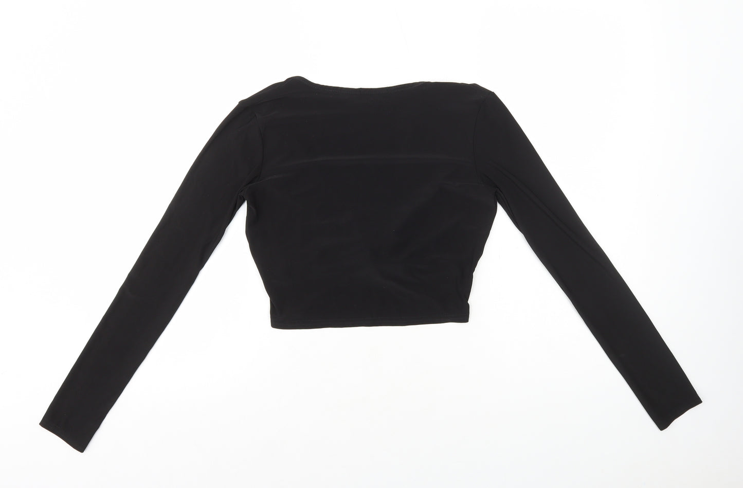 PRETTYLITTLETHING Womens Black Polyester Cropped T-Shirt Size 12 V-Neck - Twist Front