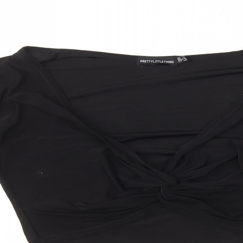 PRETTYLITTLETHING Womens Black Polyester Cropped T-Shirt Size 12 V-Neck - Twist Front