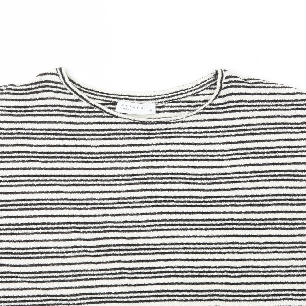 Papaya Womens White Striped Cotton Basic T-Shirt Size 14 Round Neck