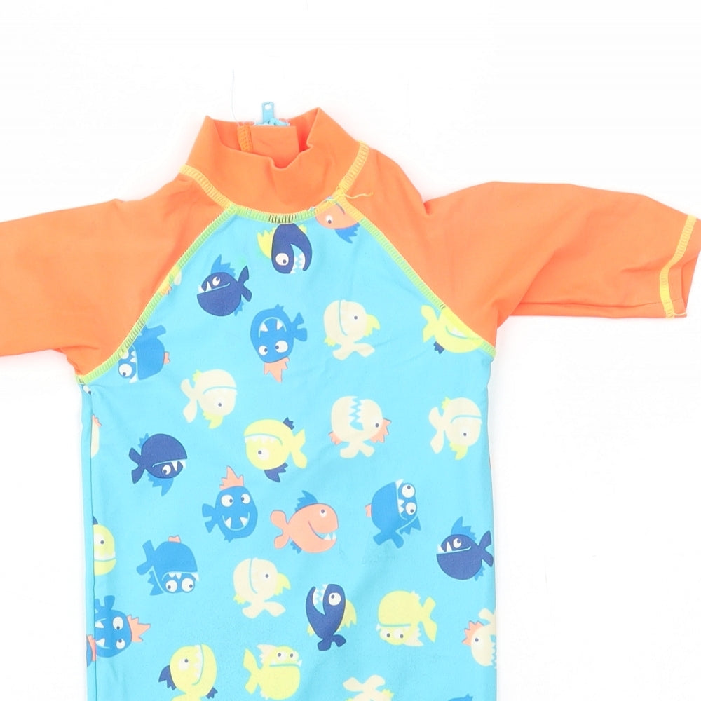 Mini Club Boys Blue Geometric Polyamide Basic T-Shirt Size 9-12 Months High Neck Zip - Swim Suit Fish