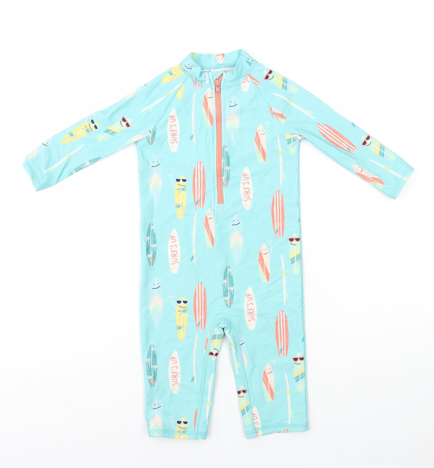 Marks and Spencer Boys Blue Geometric Polyamide Basic T-Shirt Size 3-4 Years High Neck Zip - Swim Suit Surfboards
