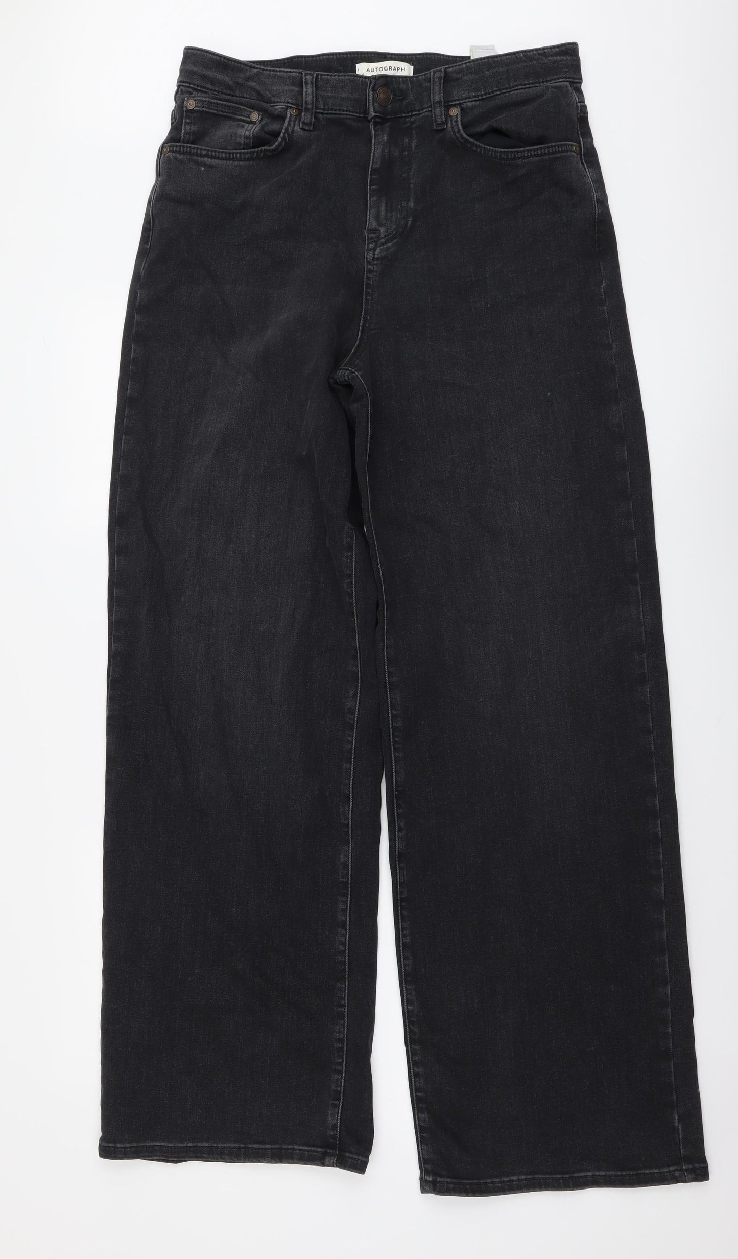 Autograph Womens Grey Cotton Wide-Leg Jeans Size 14 L32 in Regular Button
