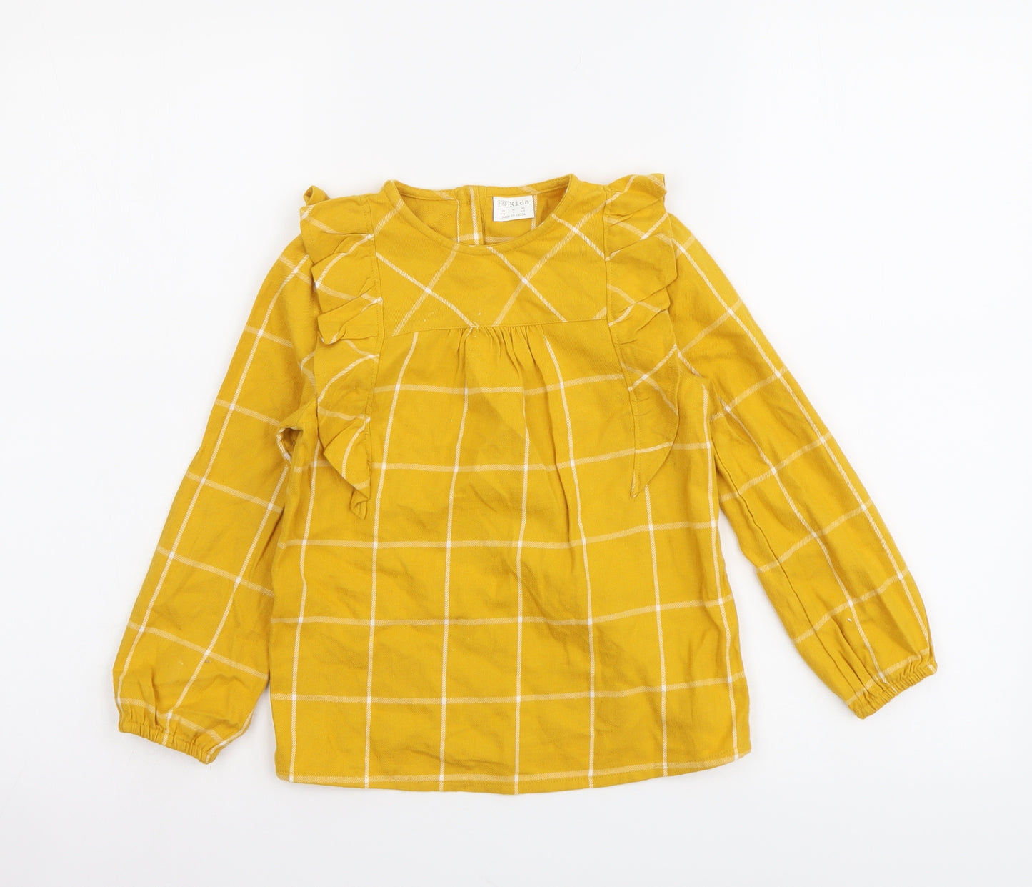 F&F Girls Yellow Plaid Cotton Basic Blouse Size 4-5 Years Round Neck Pullover