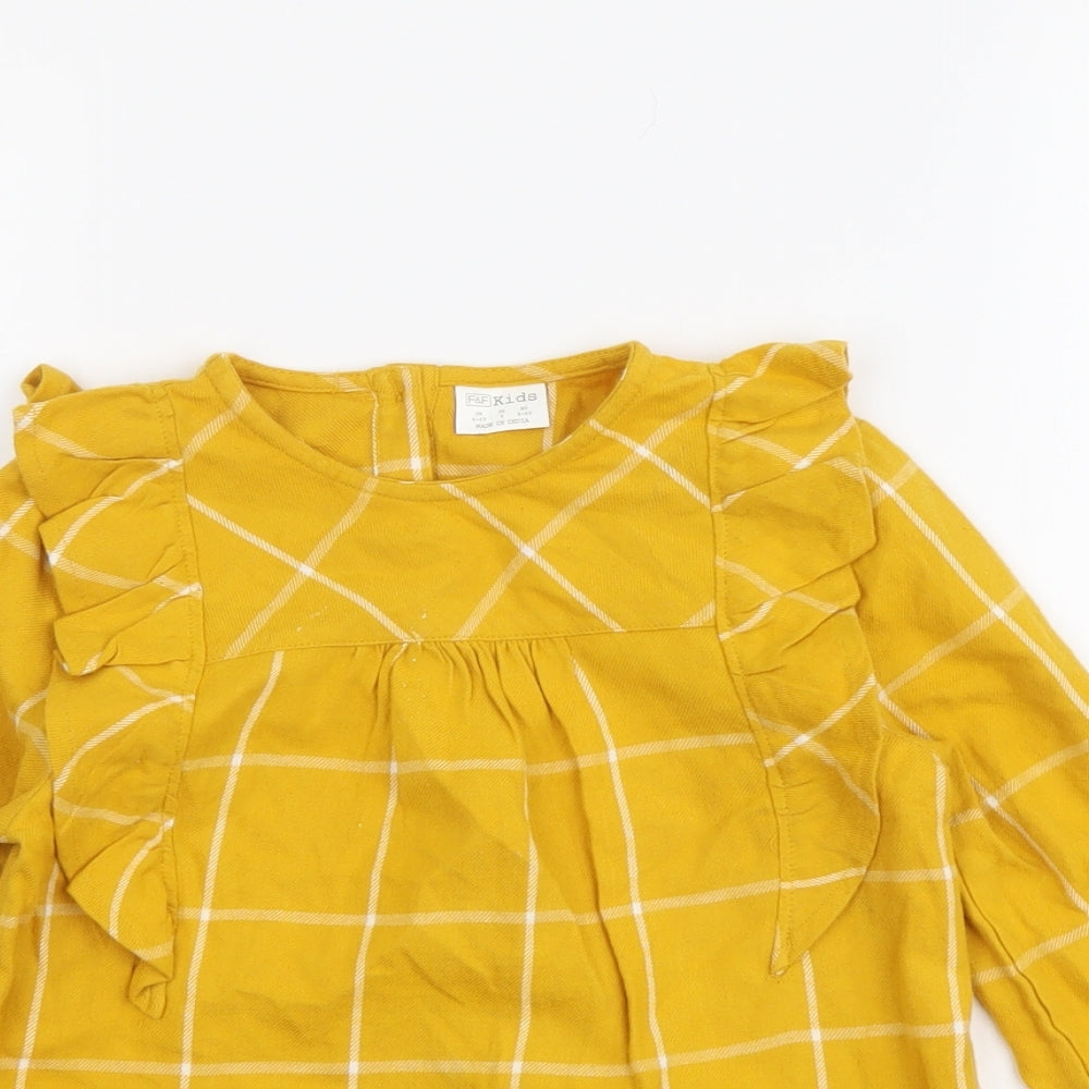 F&F Girls Yellow Plaid Cotton Basic Blouse Size 4-5 Years Round Neck Pullover