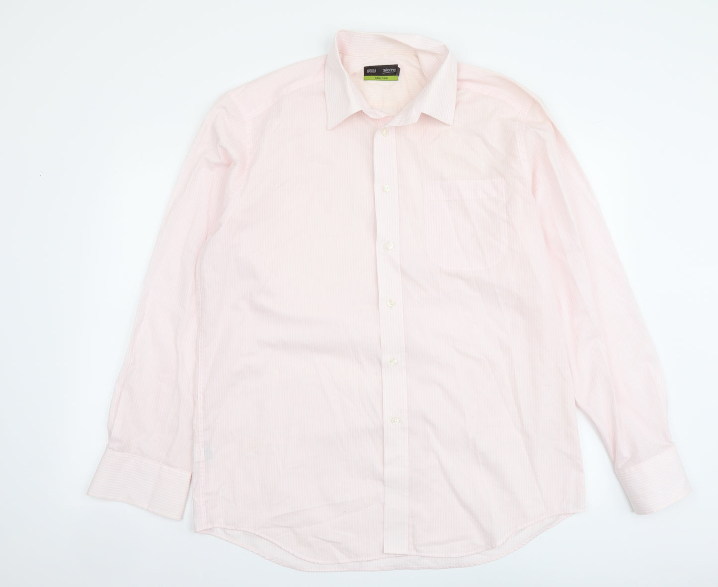 Marks and Spencer Mens Pink Striped Polyester Button-Up Size 16 Collared Button