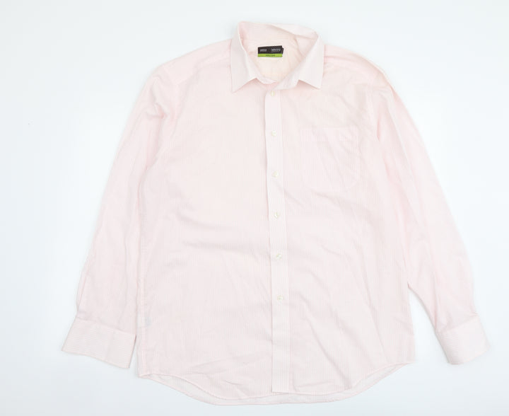 Marks and Spencer Mens Pink Striped Polyester Button-Up Size 16 Collared Button