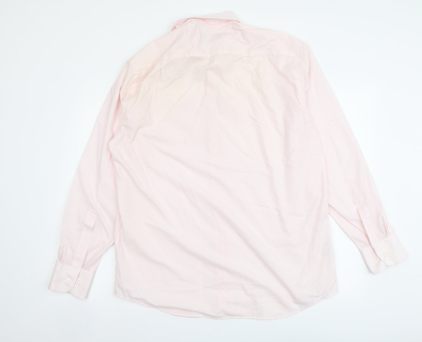 Marks and Spencer Mens Pink Striped Polyester Button-Up Size 16 Collared Button