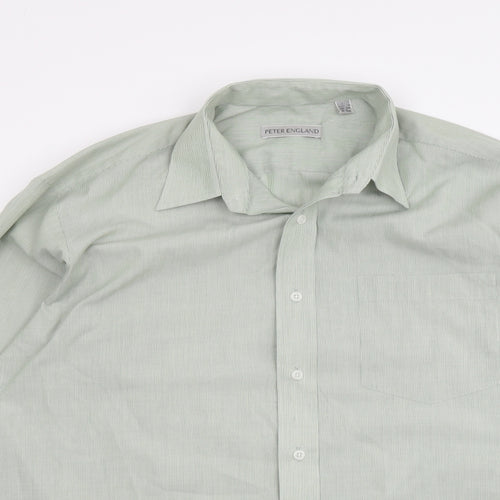Peter England Mens Green Polyester Button-Up Size 16 Collared Button