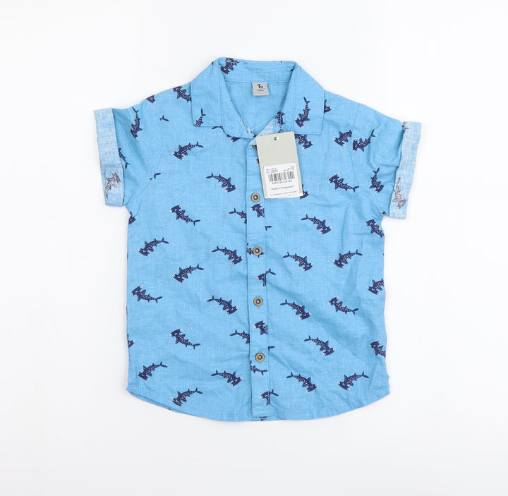 TU Boys Blue Geometric Linen Basic Button-Up Size 2-3 Years Collared Button - Shark Pattern