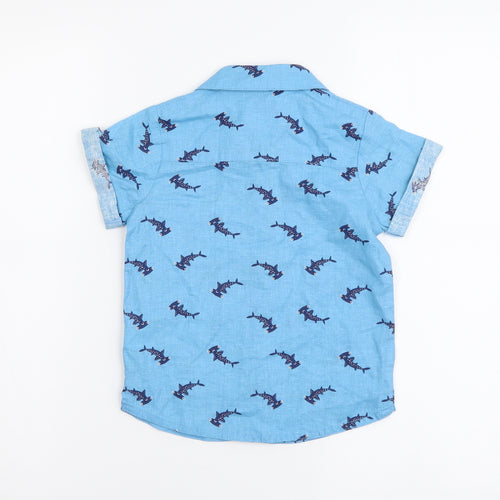 TU Boys Blue Geometric Linen Basic Button-Up Size 2-3 Years Collared Button - Shark Pattern