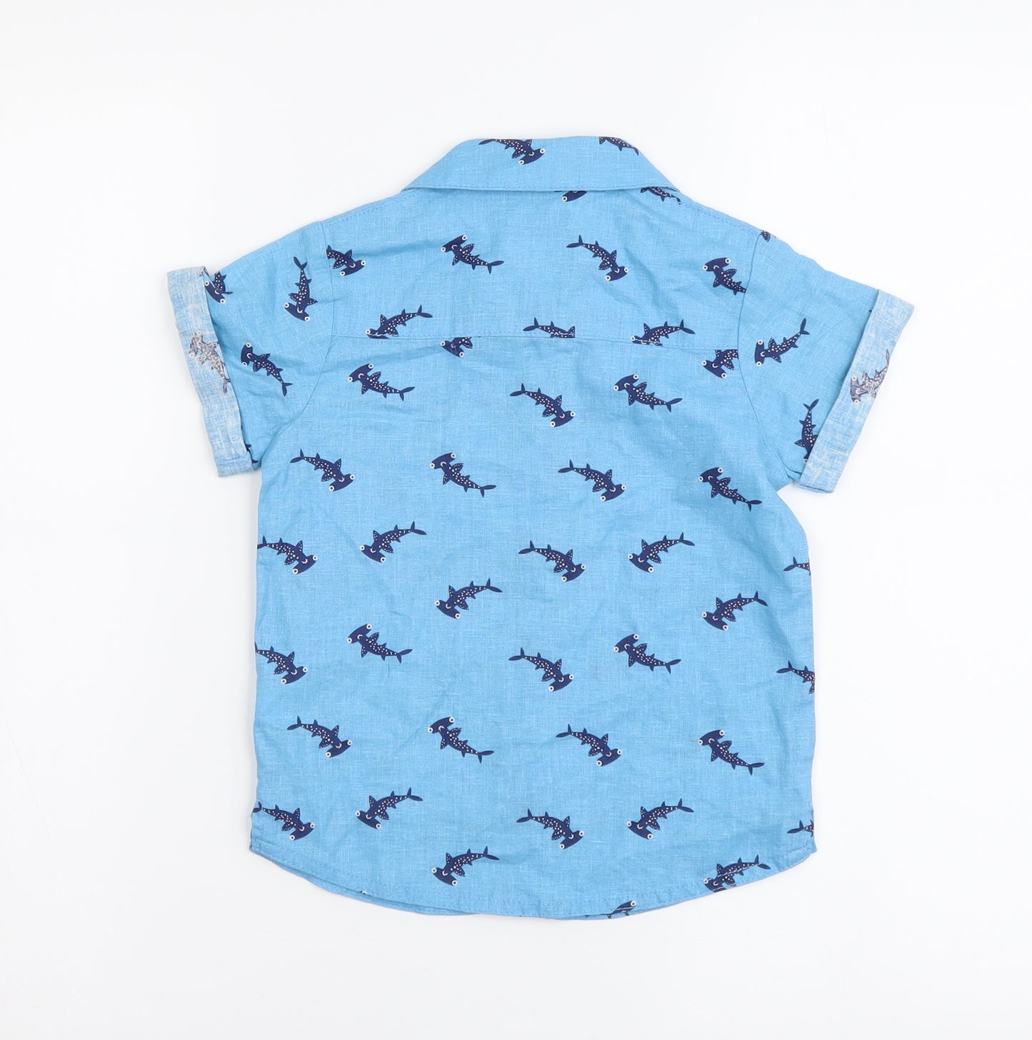 TU Boys Blue Geometric Linen Basic Button-Up Size 2-3 Years Collared Button - Shark Pattern