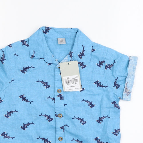 TU Boys Blue Geometric Linen Basic Button-Up Size 2-3 Years Collared Button - Shark Pattern